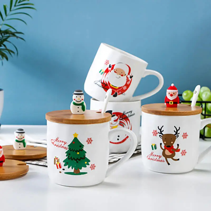 Cute Santa Snowman Decorated Ceramic Mug Set 401-500ml Christmas Party Tableware