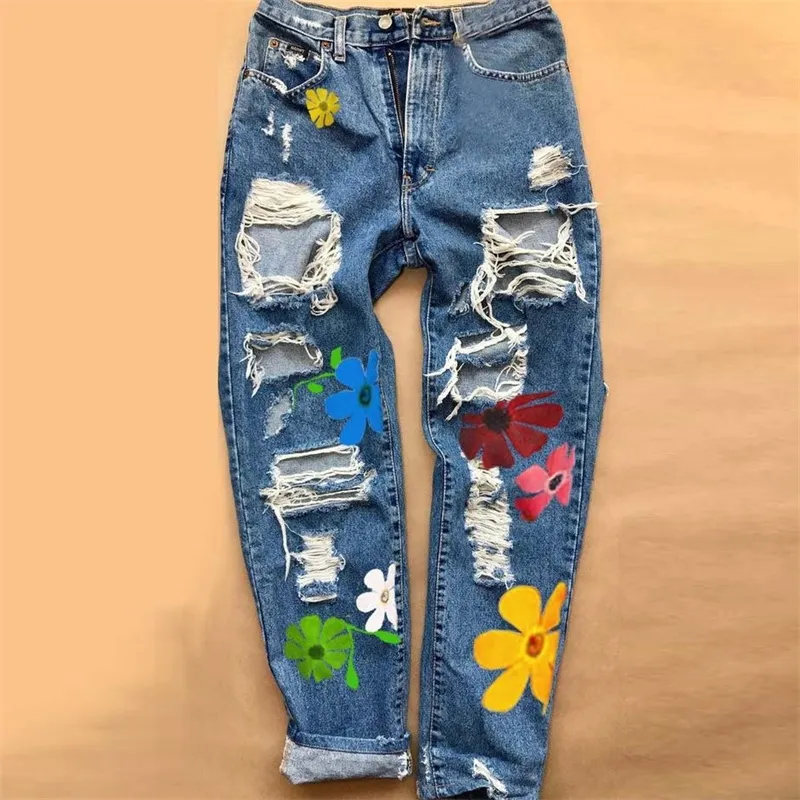 S-3XL Women Flower Printed Raw Hem Ripped Straight Jeans