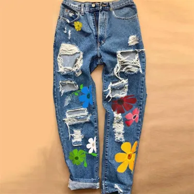 S-3XL Women Flower Printed Raw Hem Ripped Straight Jeans