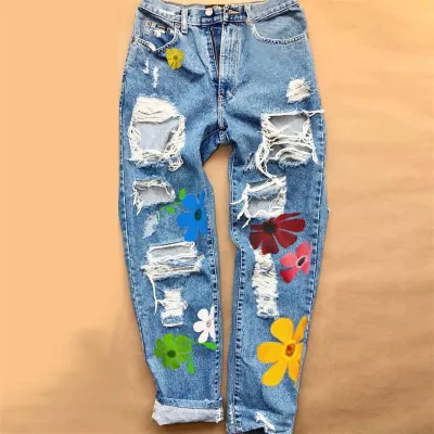 S-3XL Women Flower Printed Raw Hem Ripped Straight Jeans