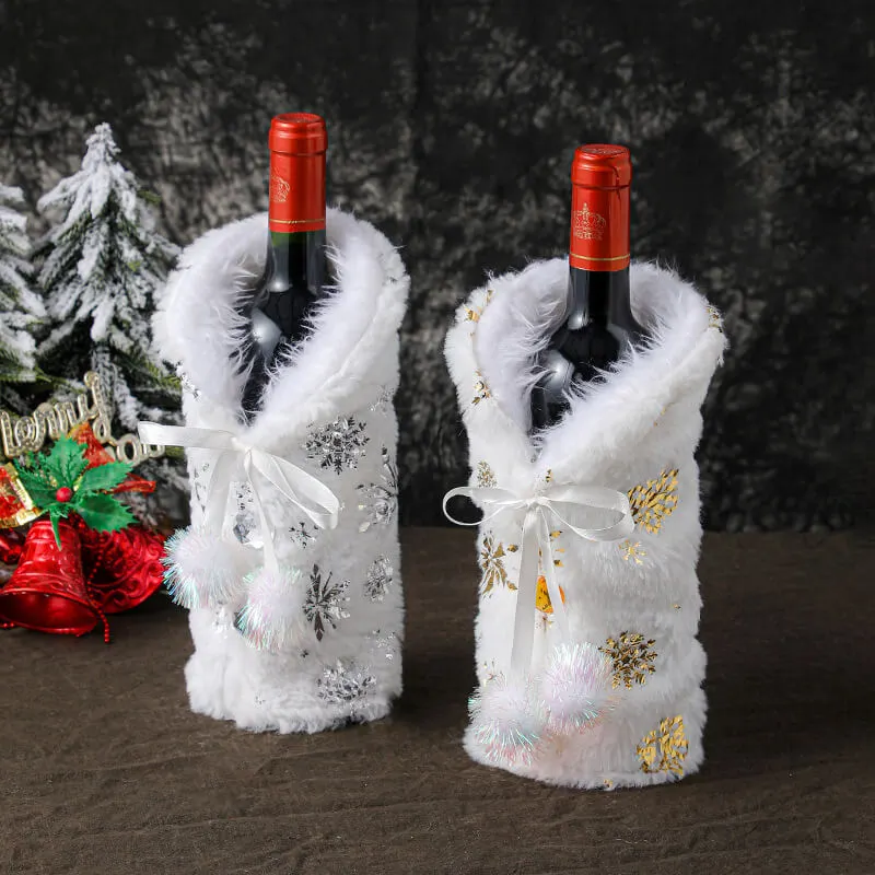 Christmas Plush Bow Decoration Wine Bottle Cover Golden Silver Snowflake Tableware