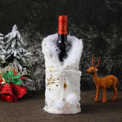 Christmas Plush Bow Decoration Wine Bottle Cover Golden Silver Snowflake Tableware