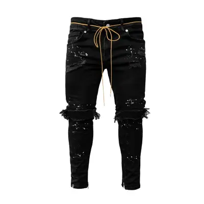 S-3XL Men Street Style Raw Hem Ripped Denim Jeans