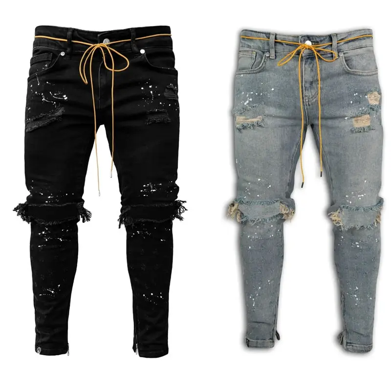 S-3XL Men Street Style Raw Hem Ripped Denim Jeans