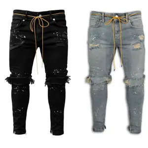 S-3XL Men Street Style Raw Hem Ripped Denim Jeans