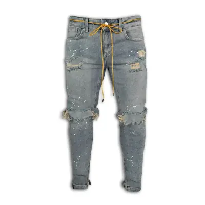 S-3XL Men Street Style Raw Hem Ripped Denim Jeans