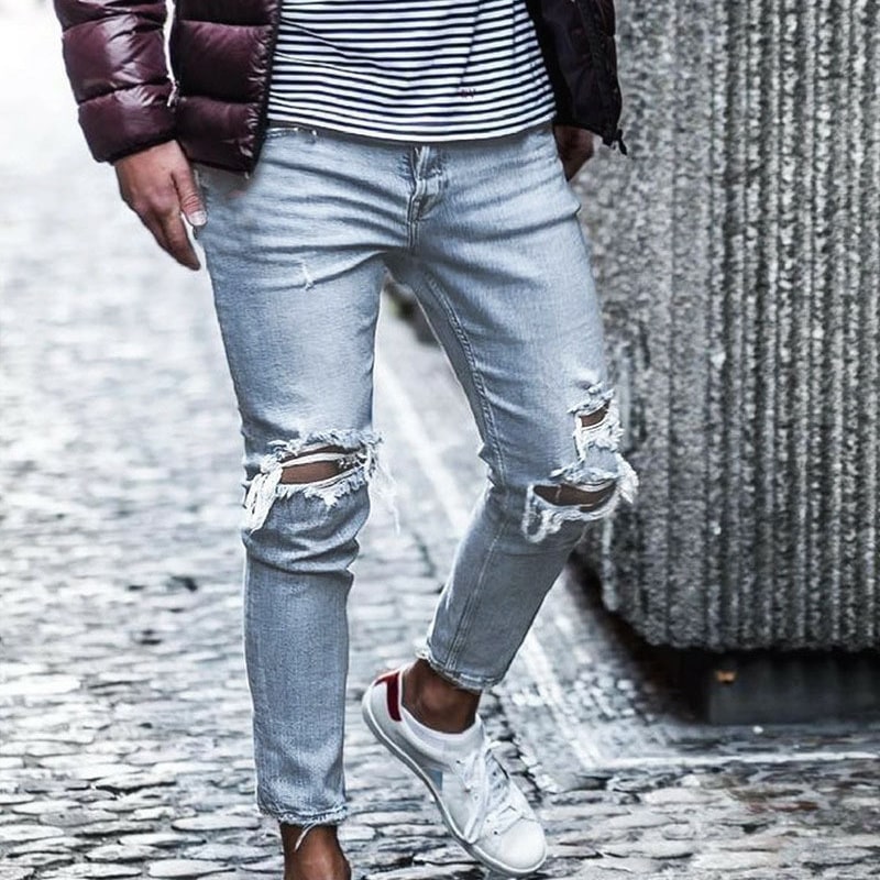 Wholesale S-3XL Men Fashion Raw Hem Ripped Jeans