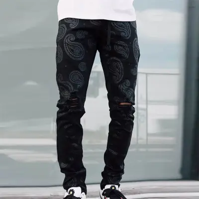S-3XL Men Graphic Printed Ripped Straight Leg Denim Jeans