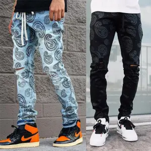S-3XL Men Graphic Printed Ripped Straight Leg Denim Jeans