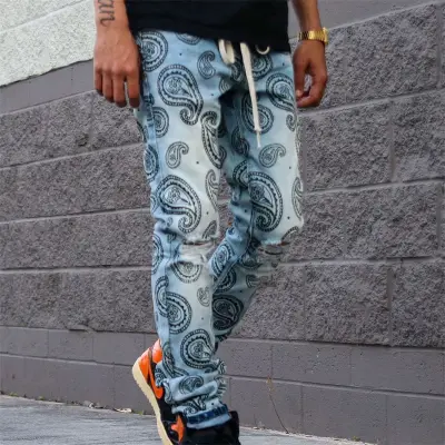 S-3XL Men Graphic Printed Ripped Straight Leg Denim Jeans