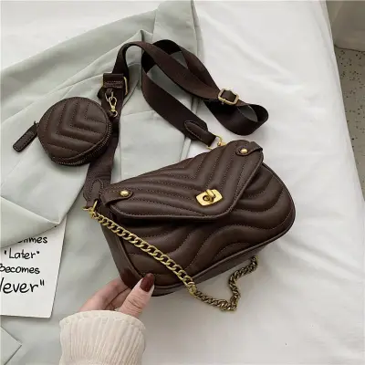 2 In 1 Women Chic Casual Wide Strap Quilted Design Metal Chain Solid Color Flap Crossbody Bag