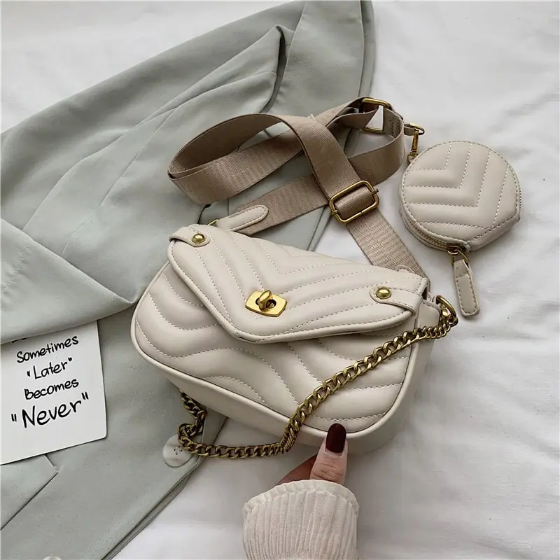2 In 1 Women Chic Casual Wide Strap Quilted Design Metal Chain Solid Color Flap Crossbody Bag