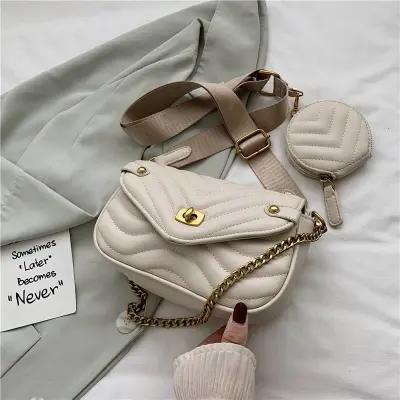 2 In 1 Women Chic Casual Wide Strap Quilted Design Metal Chain Solid Color Flap Crossbody Bag