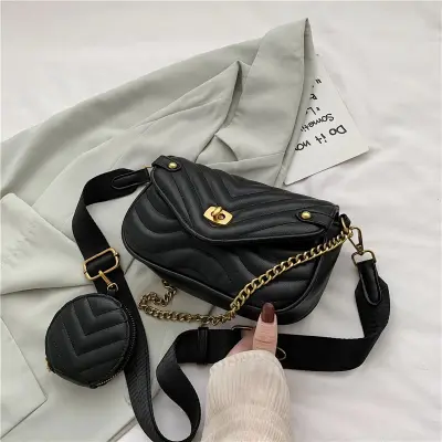 2 In 1 Women Chic Casual Wide Strap Quilted Design Metal Chain Solid Color Flap Crossbody Bag