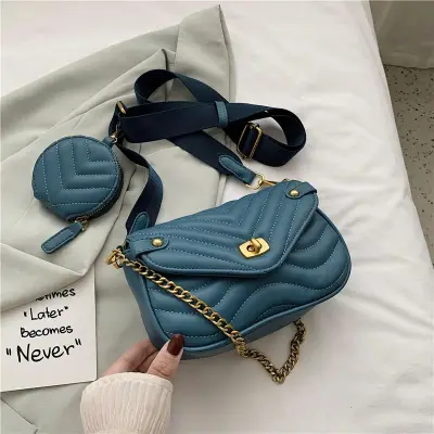2 In 1 Women Chic Casual Wide Strap Quilted Design Metal Chain Solid Color Flap Crossbody Bag