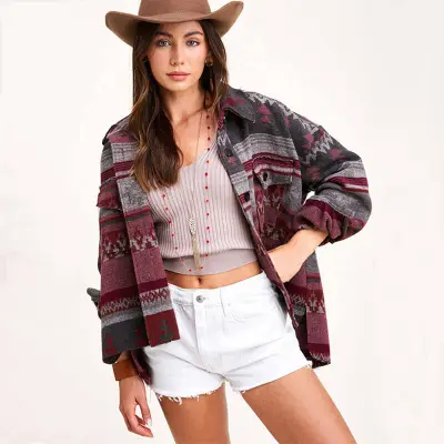 S-XL Women Casual Winter Bohemia Vintage Lapel Single-breasted Block Color Geometric Printed Tweed Loose Coat