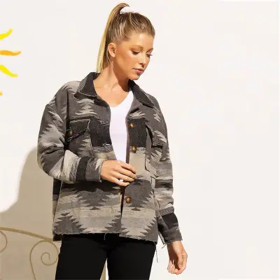S-XL Women Casual Winter Bohemia Vintage Lapel Single-breasted Block Color Geometric Printed Tweed Loose Coat