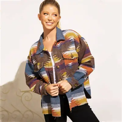 S-XL Women Casual Winter Bohemia Vintage Lapel Single-breasted Block Color Geometric Printed Tweed Loose Coat