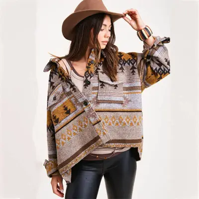 S-XL Women Casual Winter Bohemia Vintage Lapel Single-breasted Block Color Geometric Printed Tweed Loose Coat