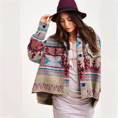 S-XL Women Casual Winter Bohemia Vintage Lapel Single-breasted Block Color Geometric Printed Tweed Loose Coat