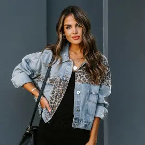 S-XL Women Autumn Casual Vintage Patchwork Leopard Loose Denim Jacket