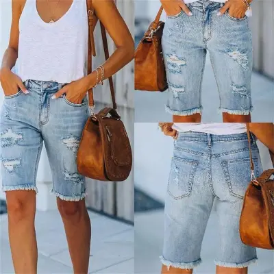 S-2XL Women Casual Ripped Denim Shorts Street Style Bermuda