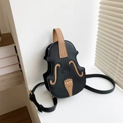 Women Creative Violin Shaped Zipper Design Patchwork Color Blocking PU Crossbody Bag