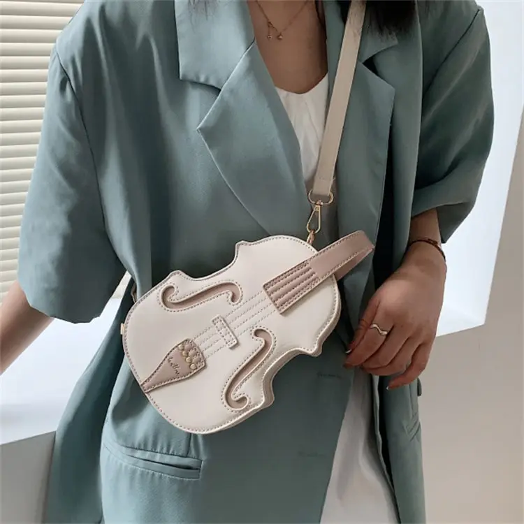 Women Creative Violin Shaped Zipper Design Patchwork Color Blocking PU Crossbody Bag
