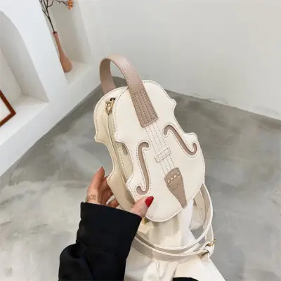 Women Creative Violin Shaped Zipper Design Patchwork Color Blocking PU Crossbody Bag