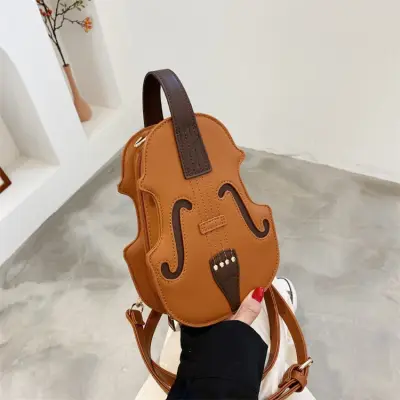 Women Creative Violin Shaped Zipper Design Patchwork Color Blocking PU Crossbody Bag