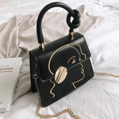 Women Vintage Chain Embroidery Design Solid Color PU Handle Crossbody Bag