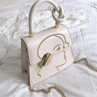 Women Vintage Chain Embroidery Design Solid Color PU Handle Crossbody Bag