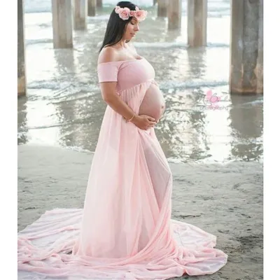 Women Off-the-Shoulder Long-sleeve Maternity Dress in Chiffon