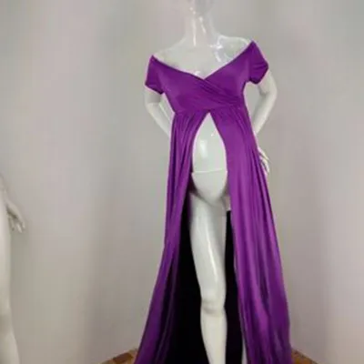 Women Off-the-Shoulder Long-sleeve Maternity Dress in Chiffon