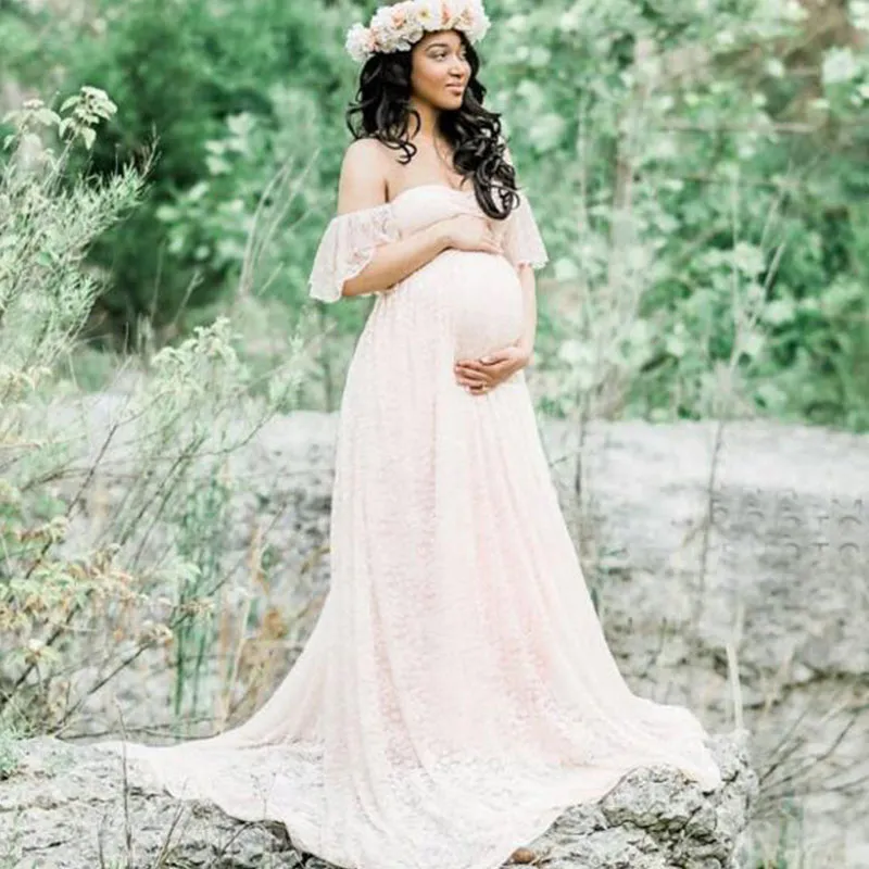 S-XXL Elegant Lace Long Maternity Dress with Ruffled Skirt