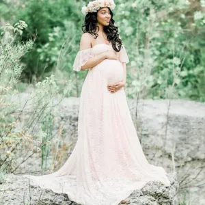 S-XXL Elegant Lace Long Maternity Dress with Ruffled Skirt