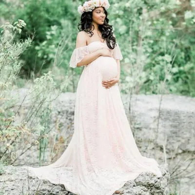 S-XXL Elegant Lace Long Maternity Dress with Ruffled Skirt