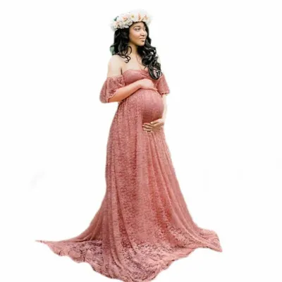 S-XXL Elegant Lace Long Maternity Dress with Ruffled Skirt