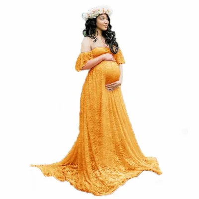 S-XXL Elegant Lace Long Maternity Dress with Ruffled Skirt