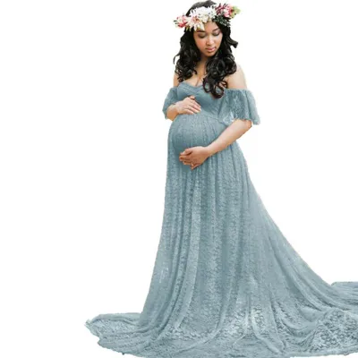 S-XXL Elegant Lace Long Maternity Dress with Ruffled Skirt