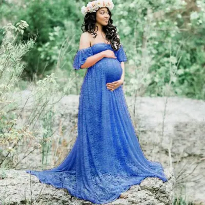 S-XXL Elegant Lace Long Maternity Dress with Ruffled Skirt