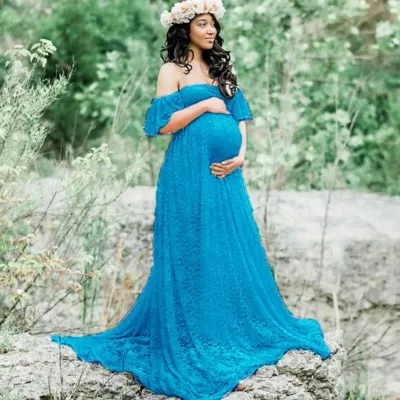 S-XXL Elegant Lace Long Maternity Dress with Ruffled Skirt