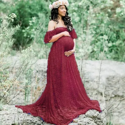 S-XXL Elegant Lace Long Maternity Dress with Ruffled Skirt