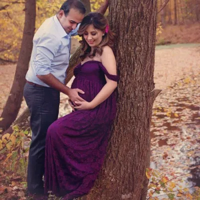 S-XXL Elegant Lace Long Maternity Dress with Ruffled Skirt