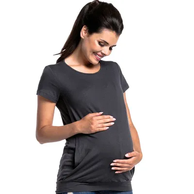 S-3XL Solid Color Short-Sleeve Maternity Breastfeeding Tops with Pants Suit