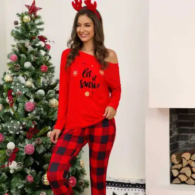 S-5XL Christmas Casual Plaid Pants And Print Top 2 Piece Party Set