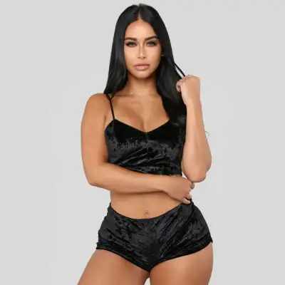 M-3XL Women Sexy Solid Color Crop Top and Panty Pajamas Set