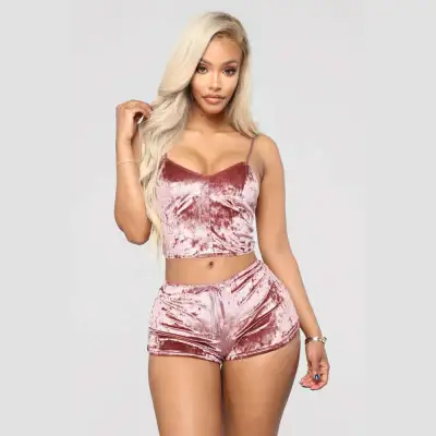 M-3XL Women Sexy Solid Color Crop Top and Panty Pajamas Set