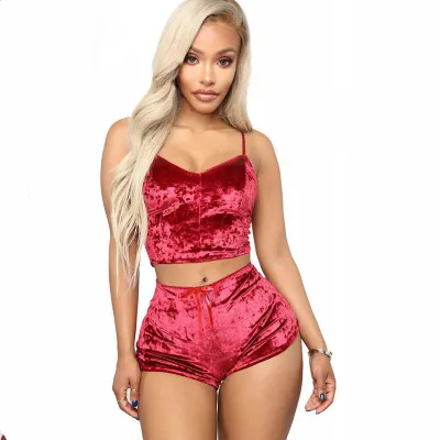 M-3XL Women Sexy Solid Color Crop Top and Panty Pajamas Set