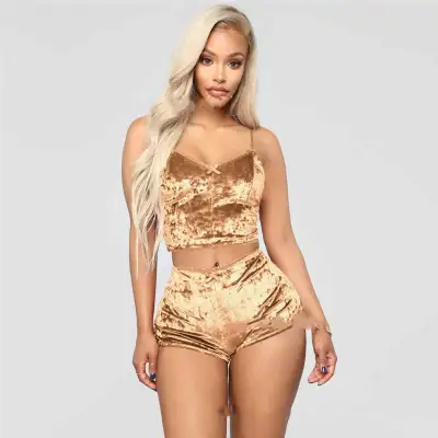 M-3XL Women Sexy Solid Color Crop Top and Panty Pajamas Set